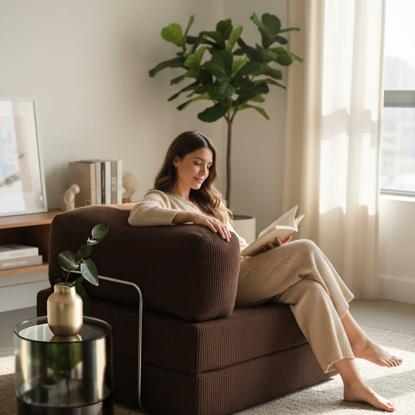 Woman reading a book on a brown armchair in a bright living room.