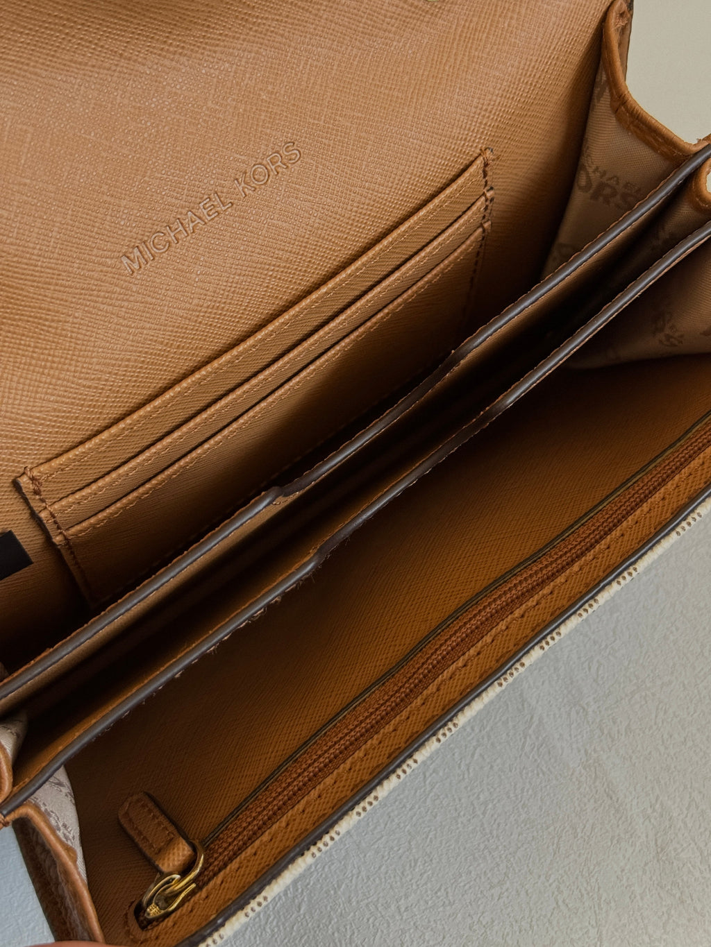 Michael Kors Tan and Off White Wallet on Gold Chain Crossbody Bag
