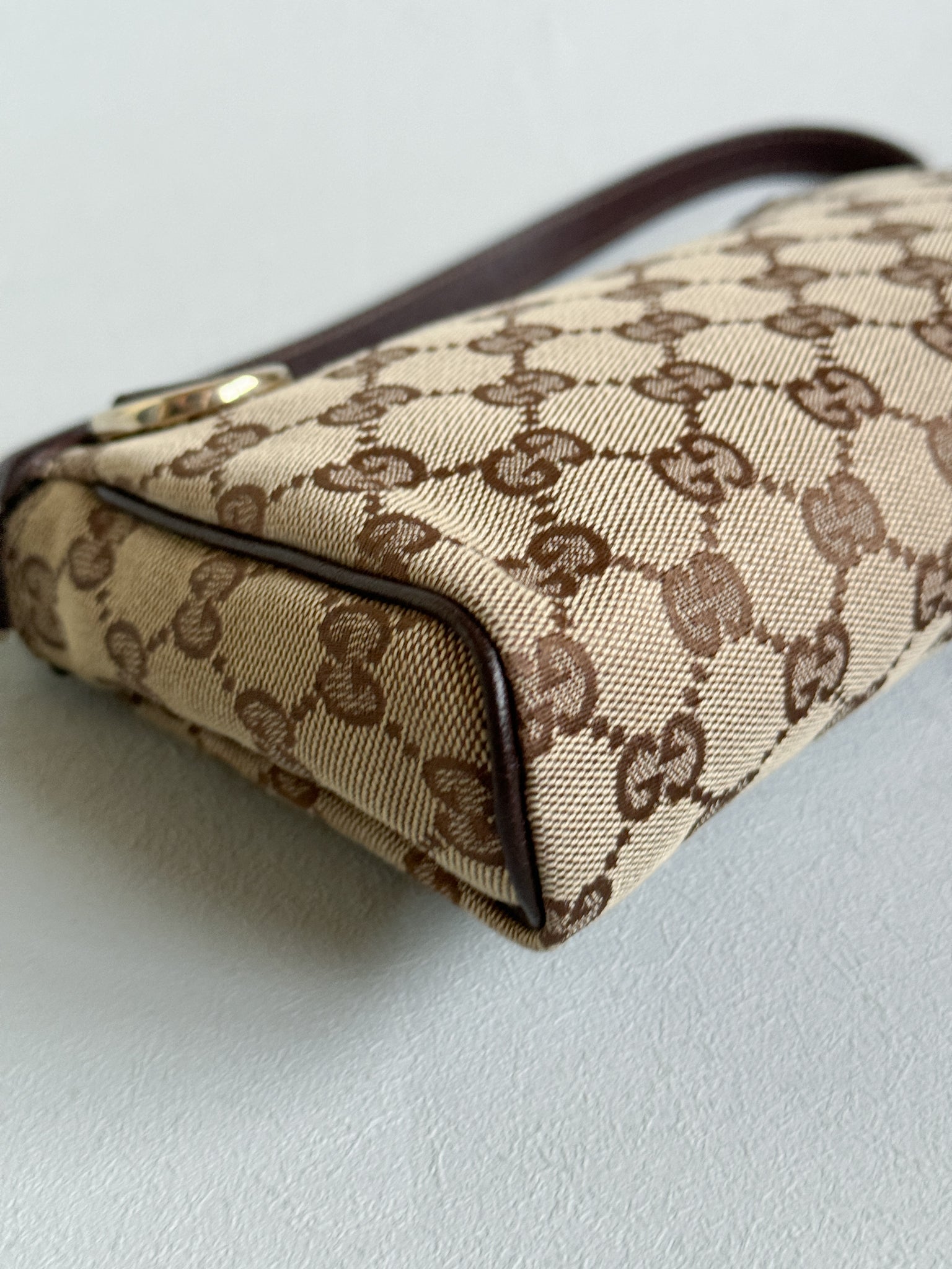 Gucci GG Canvas Abbey D-Ring Pochette Handbag Champagne Gold Hardware
