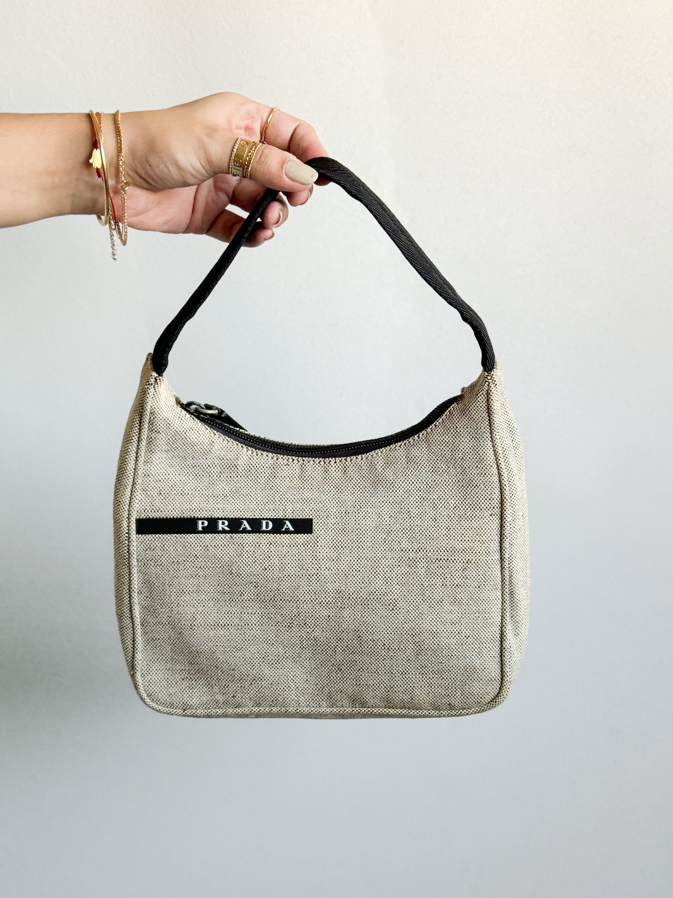 Prada Mini Hobo Gray/Beige Canvas Handbag