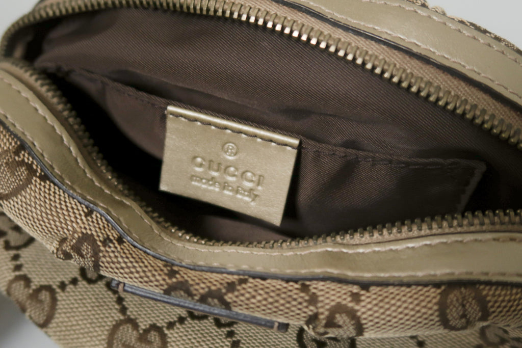 Gucci GG Canvas and Matte Gold Taupe Leather Toiletry Makeup/Cosmetic Pouch