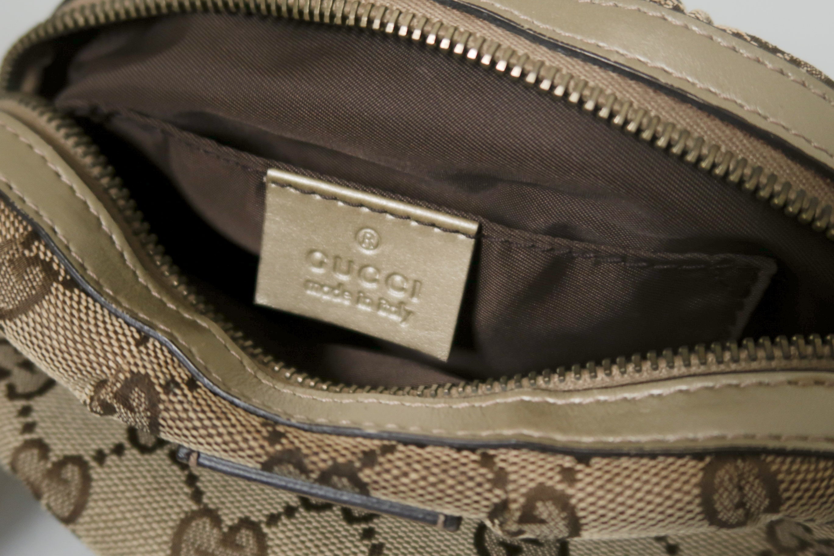 Gucci GG Canvas and Matte Gold Taupe Leather Toiletry Makeup/Cosmetic Pouch
