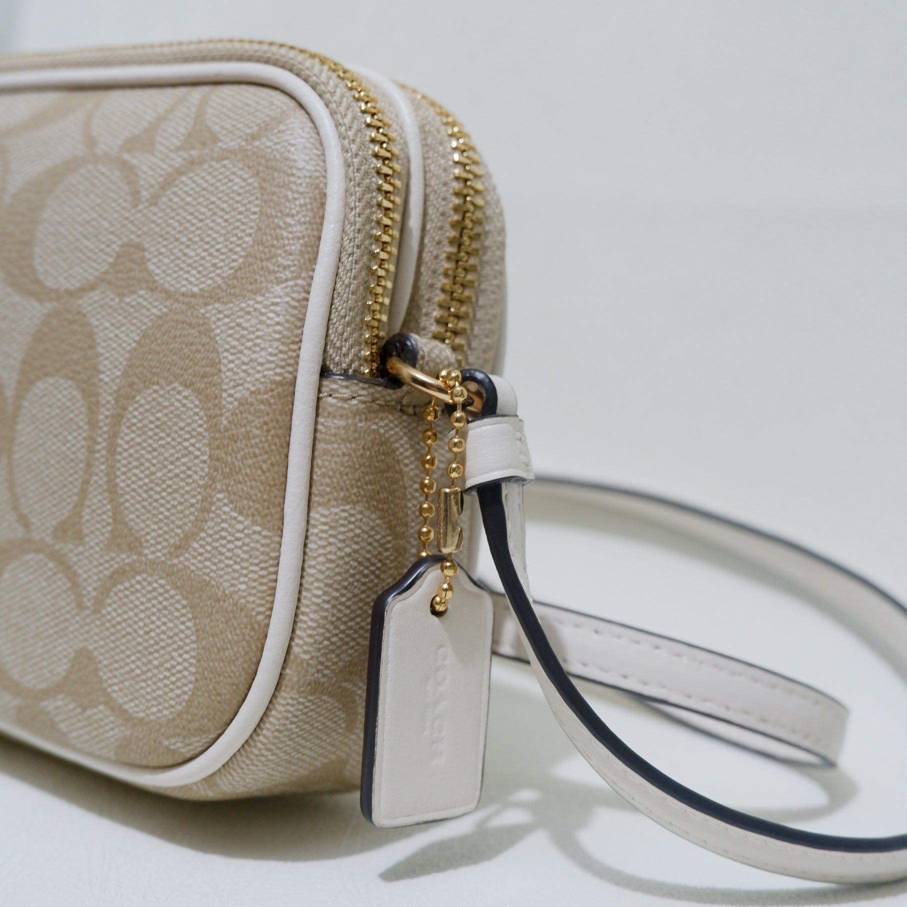 Coach Double Zip Crossbody Pouch in Light Khaki Chalk Signature Canvas