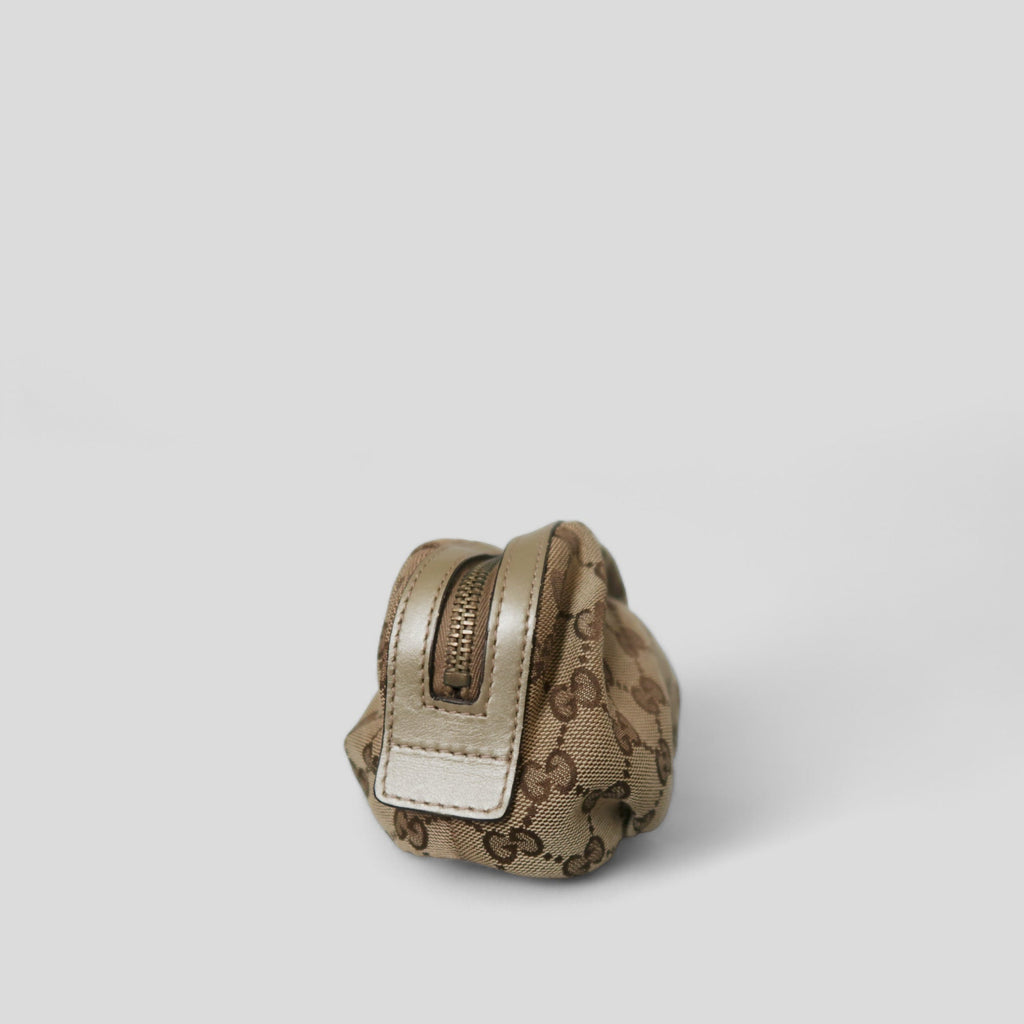 Gucci GG Canvas and Matte Gold Taupe Leather Toiletry Makeup/Cosmetic Pouch