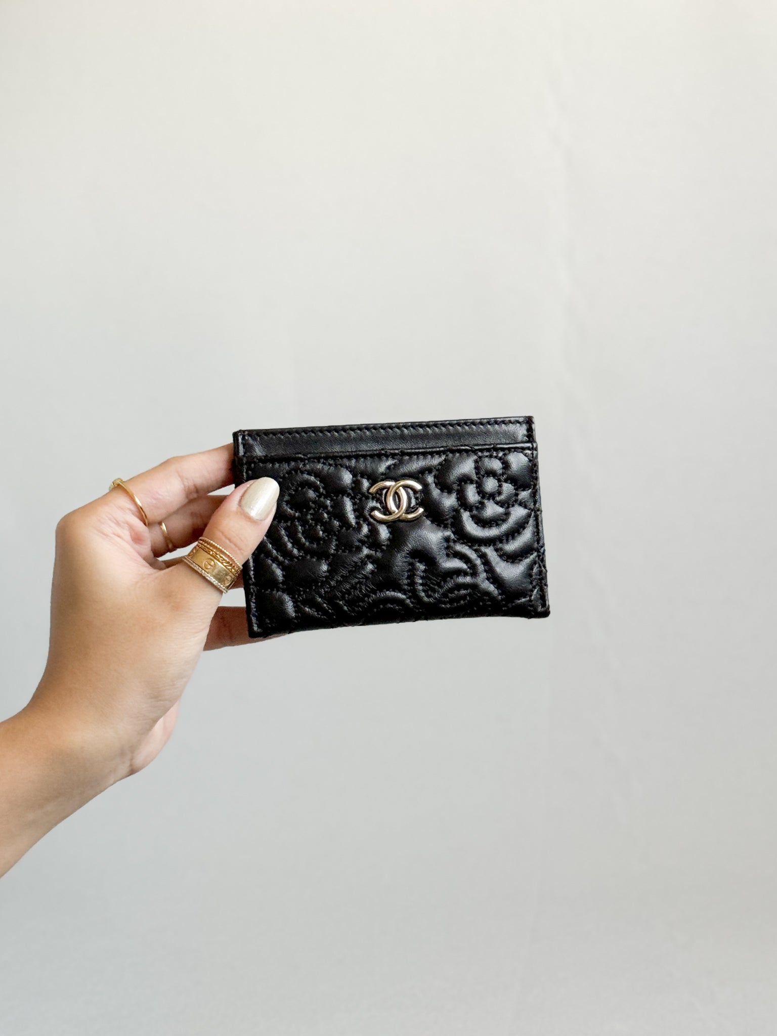 Chanel Camellia Black Lambskin Leather Light Gold Hardware Card Case Series 26