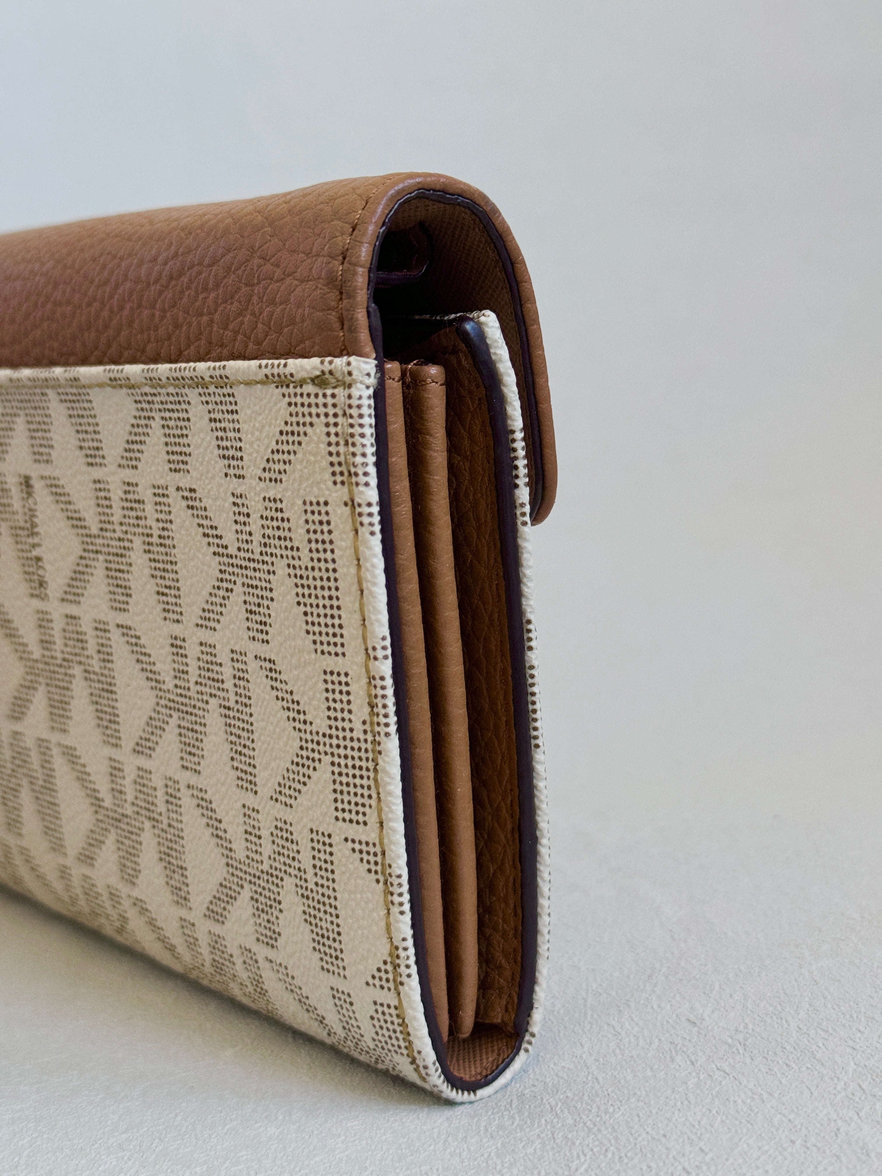 Michael Kors Tan and Off White Wallet on Gold Chain Crossbody Bag