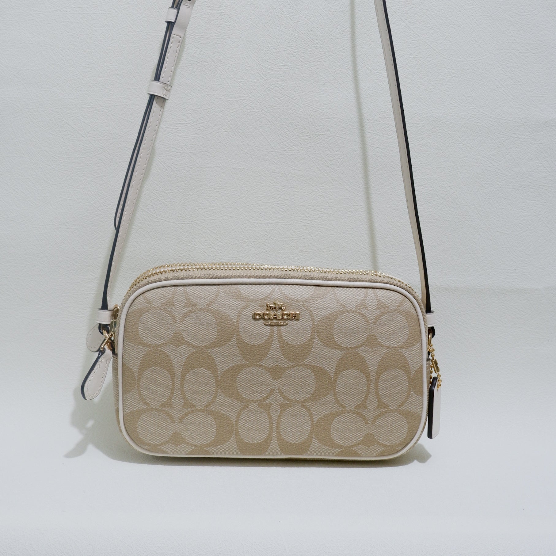 Coach Double Zip Crossbody Pouch in Light Khaki Chalk Signature Canvas