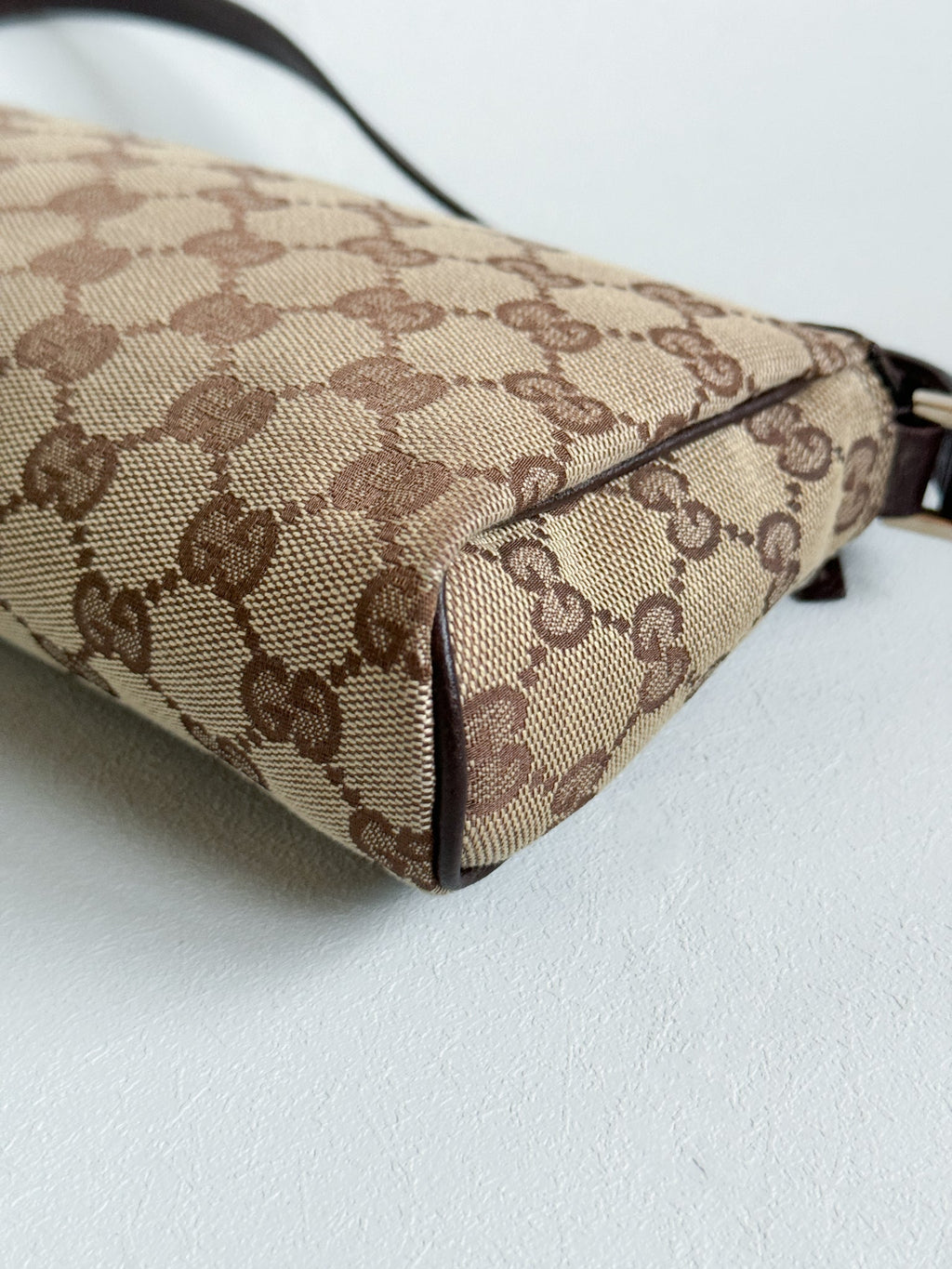 Gucci GG Canvas Abbey D-Ring Pochette Handbag Champagne Gold Hardware