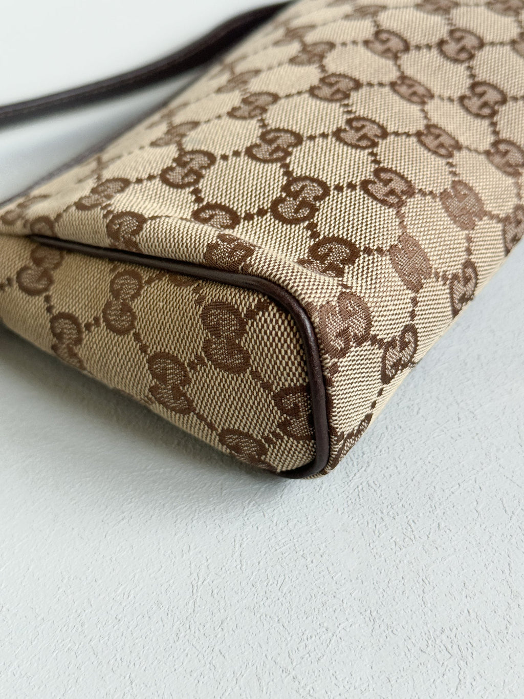 Gucci GG Canvas Abbey D-Ring Pochette Handbag Champagne Gold Hardware