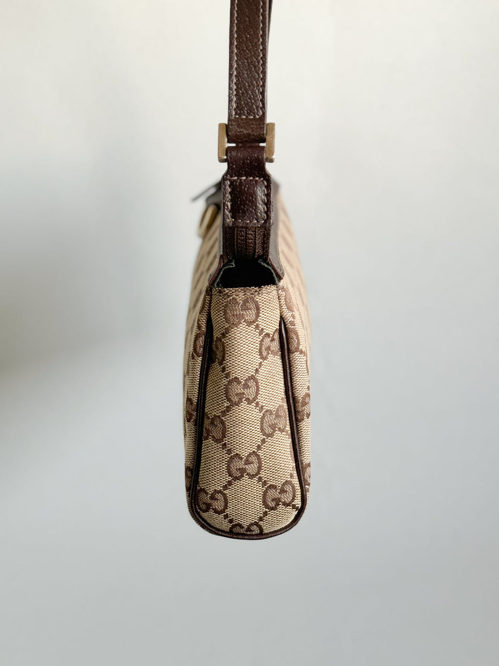 Gucci GG Canvas Abbey D-Ring Pochette Handbag Champagne Gold Hardware
