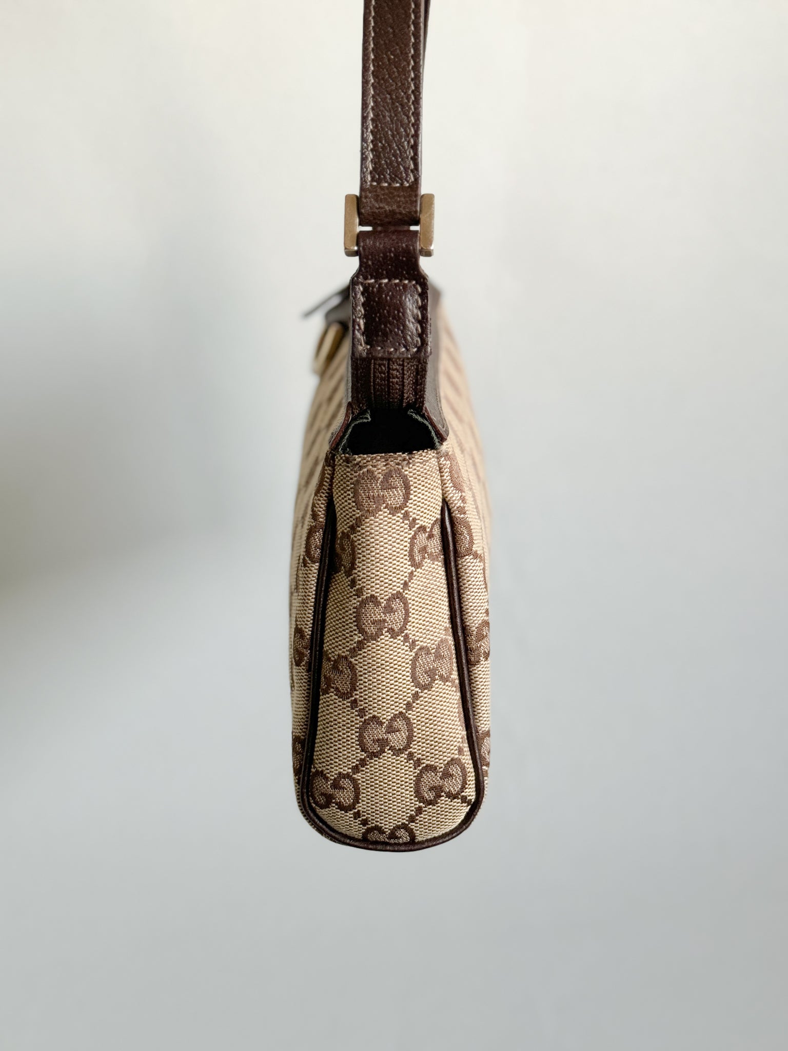 Gucci GG Canvas Abbey D-Ring Pochette Handbag Champagne Gold Hardware