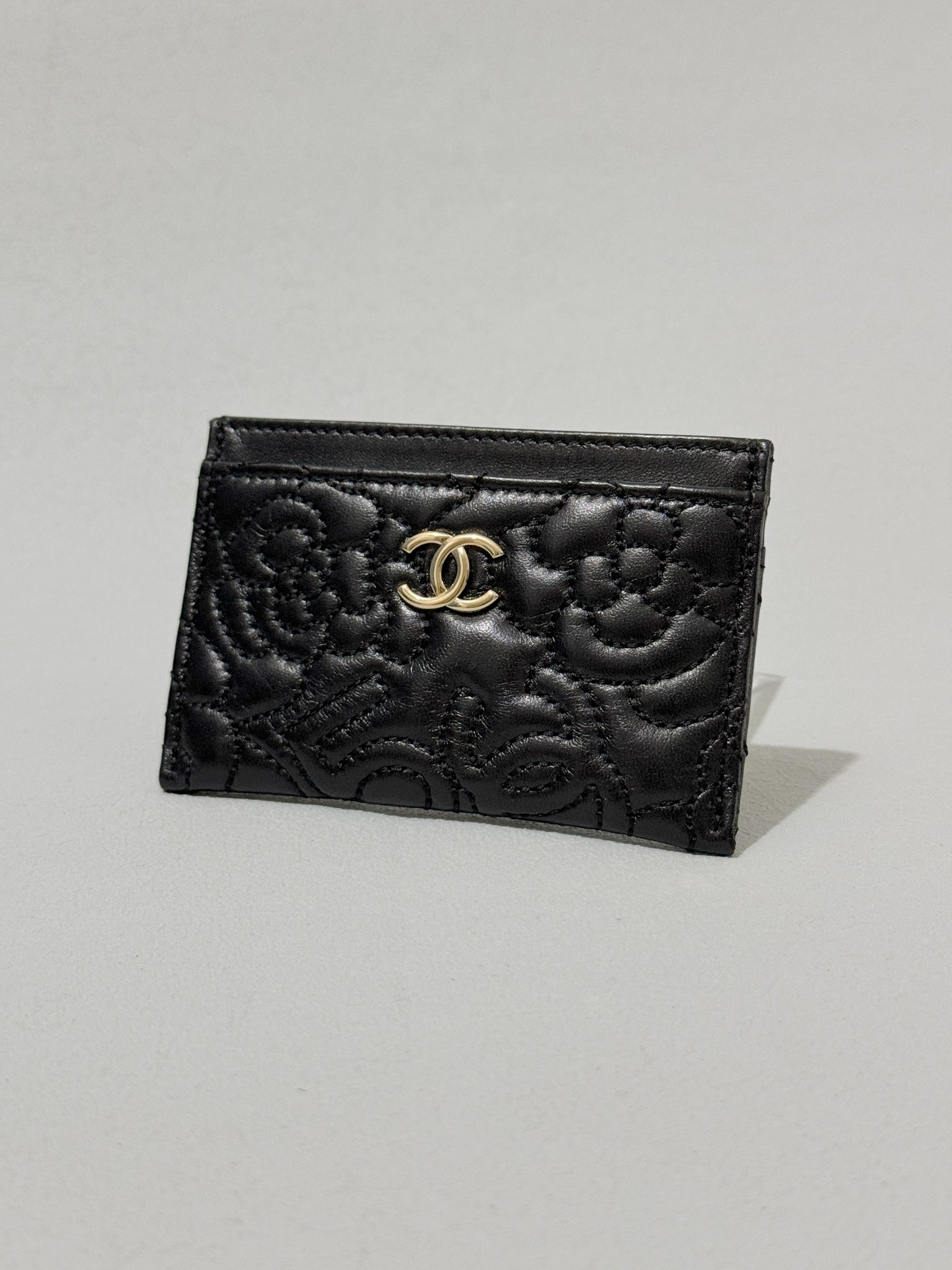 Chanel Camellia Black Lambskin Leather Light Gold Hardware Card Case Series 26