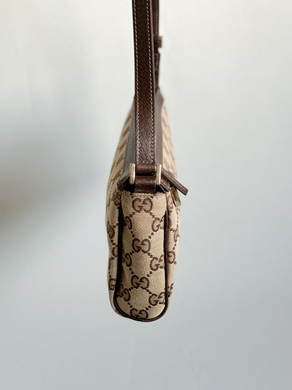 Gucci GG Canvas Abbey D-Ring Pochette Handbag Champagne Gold Hardware