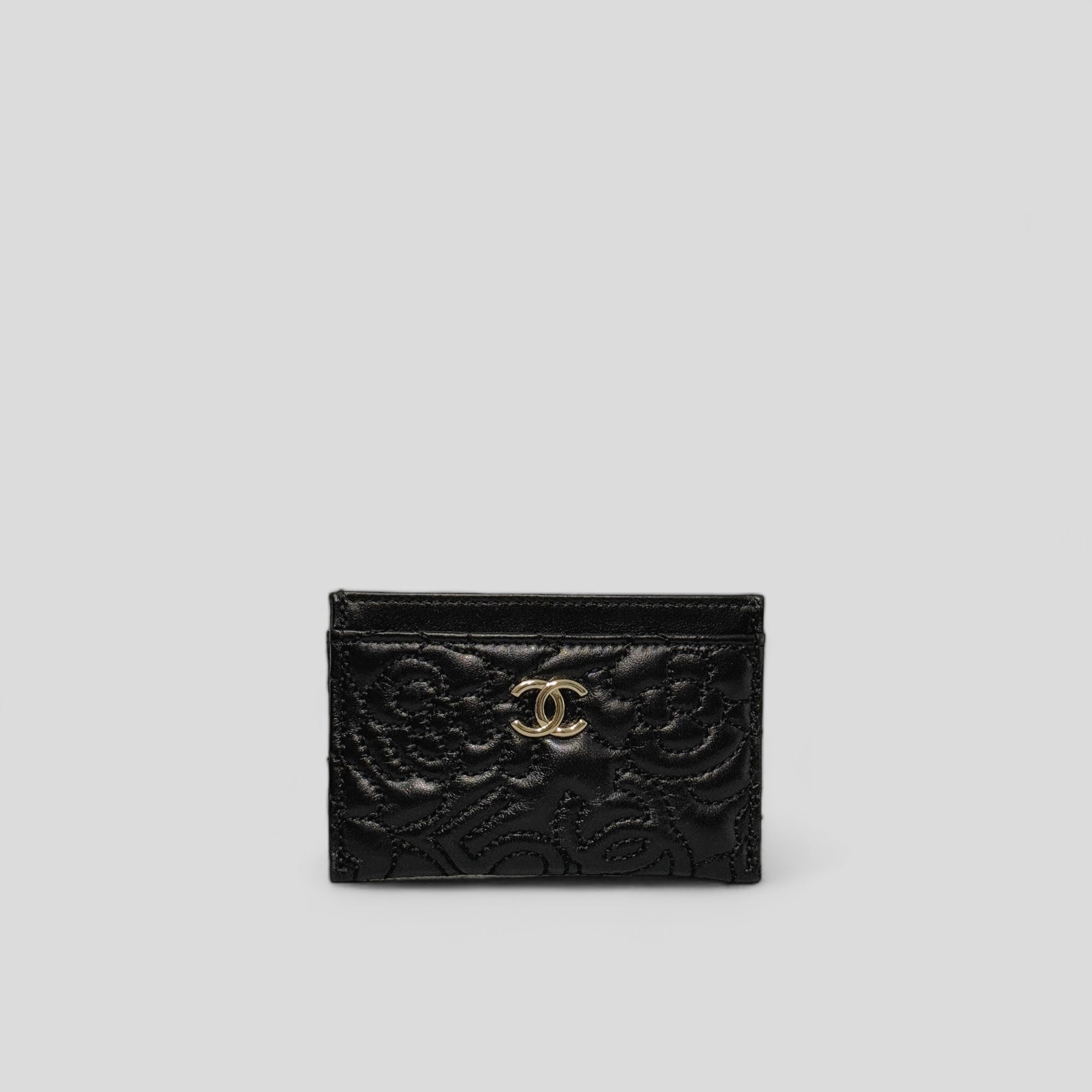 Chanel Camellia Black Lambskin Leather Light Gold Hardware Card Case Series 26