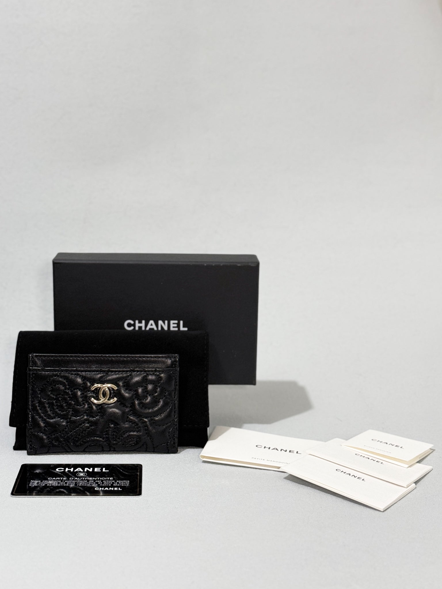 Chanel Camellia Black Lambskin Leather Light Gold Hardware Card Case Series 26