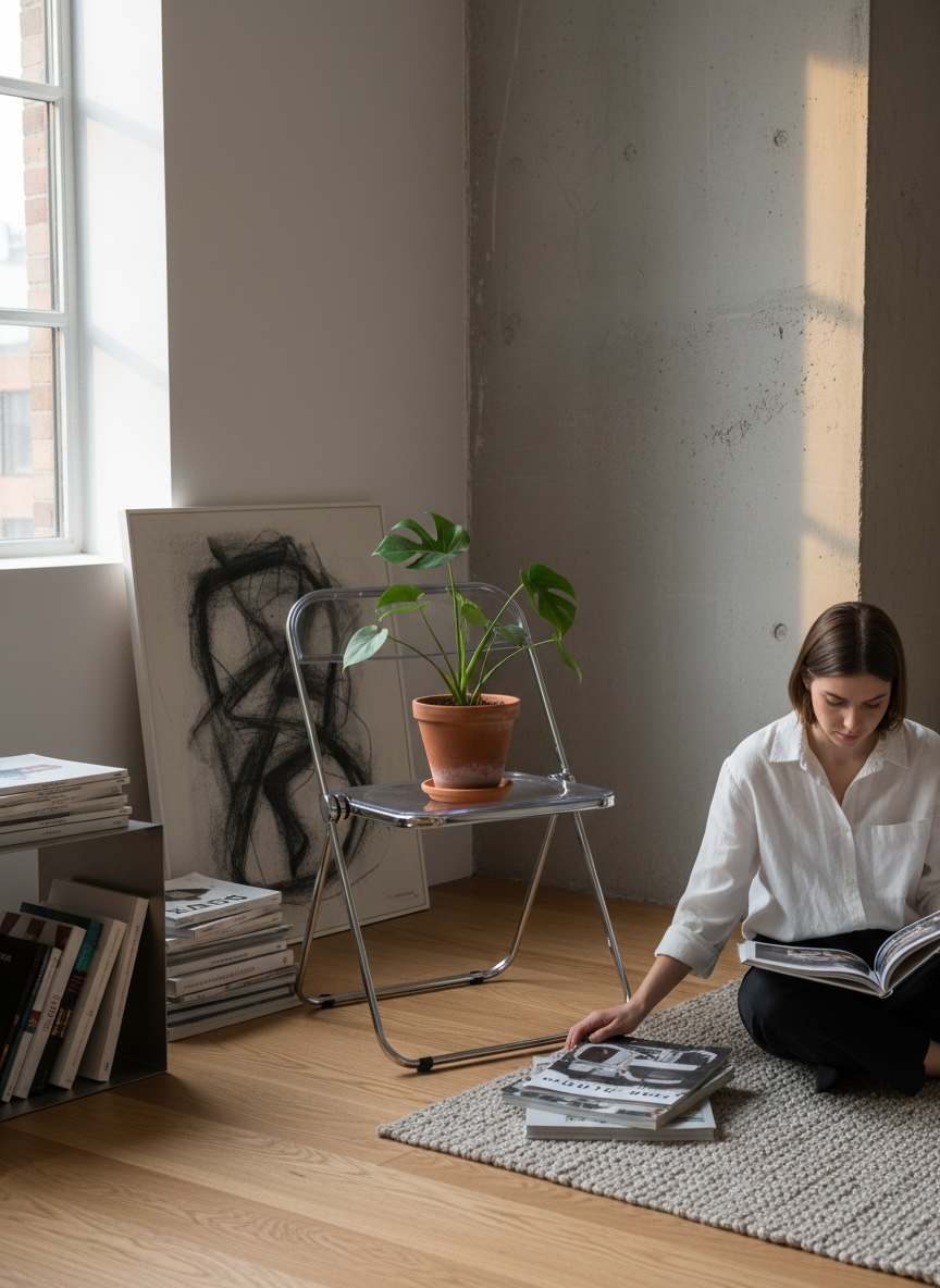 Woman sitting on a rug reading a book in a room with a plant and art on the wall.