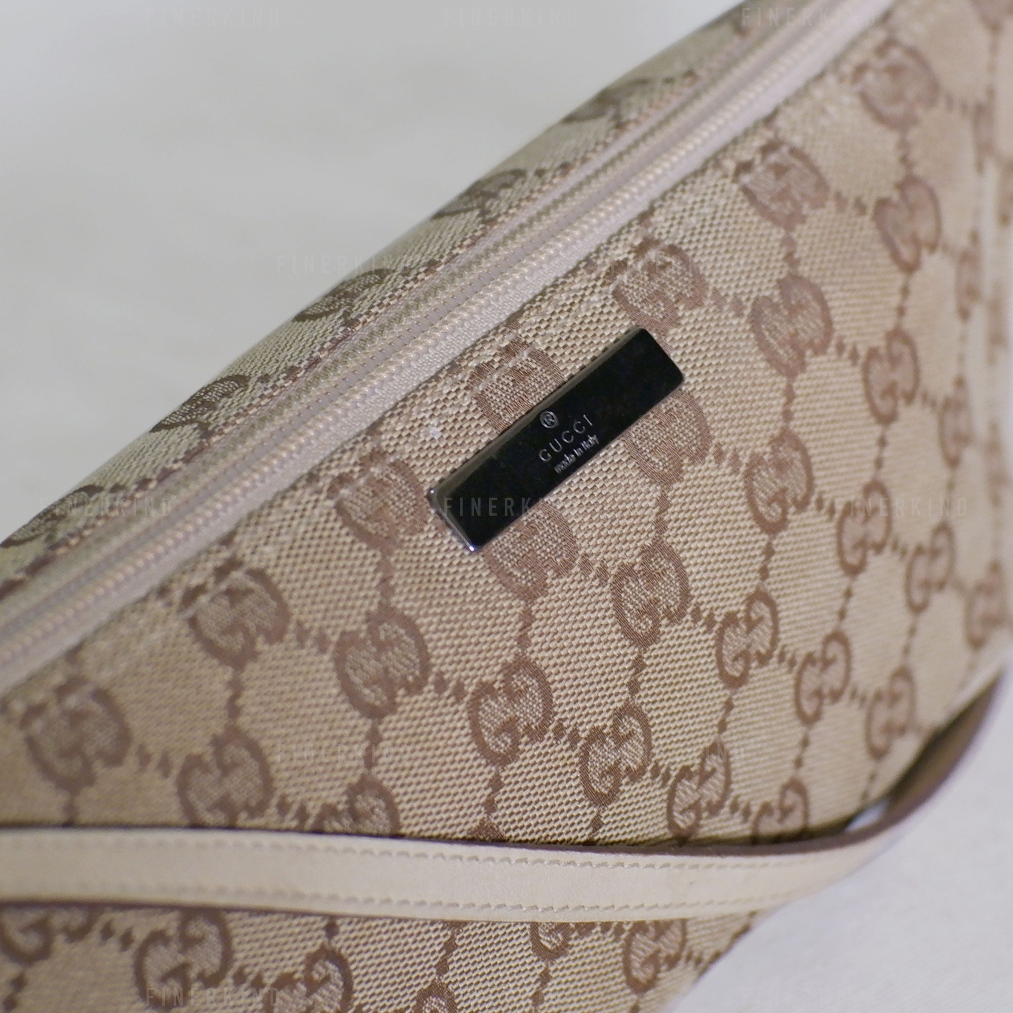 Gucci GG Canvas and Light Beige Leather Boat Pochette Bag
