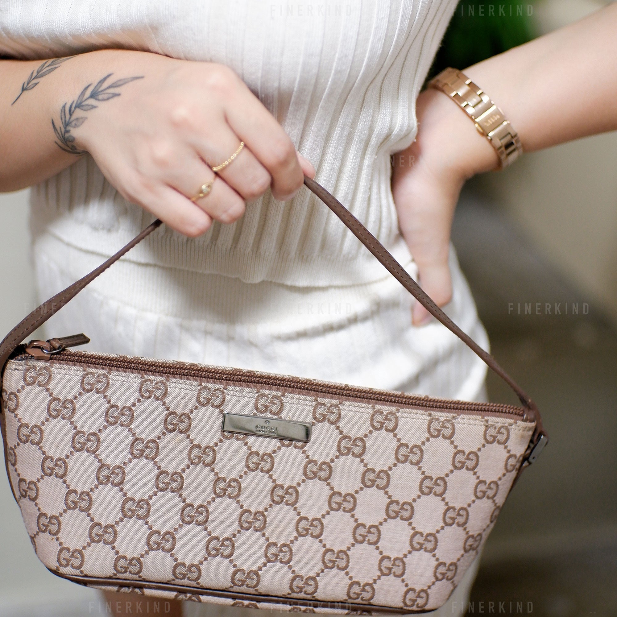 Gucci GG Canvas and Espresso Leather Boat Pochette Bag