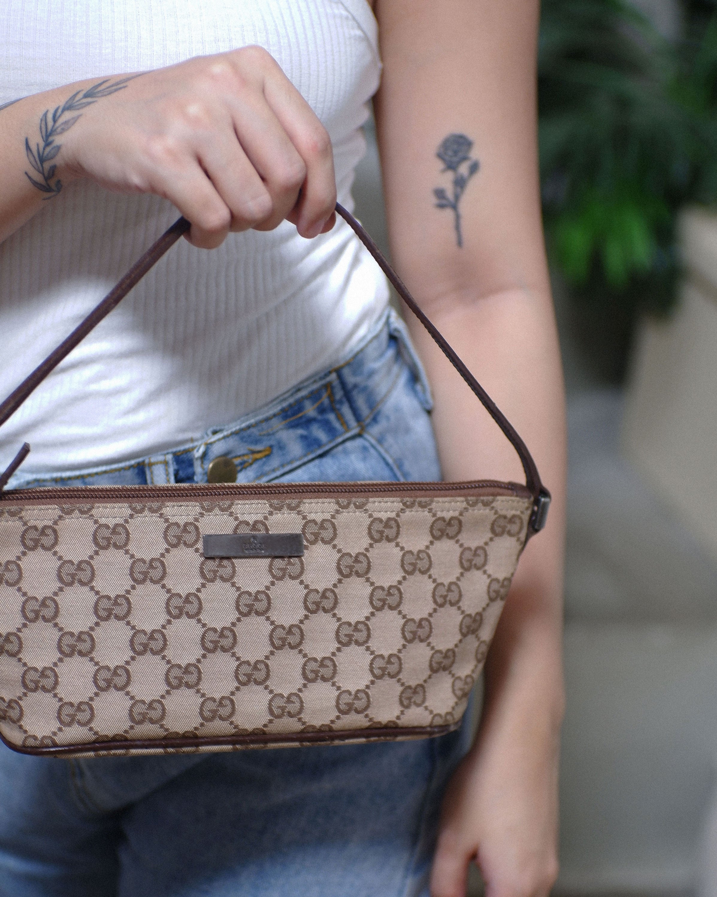 Gucci GG Canvas and Light Espresso Leather Boat Pochette Bag