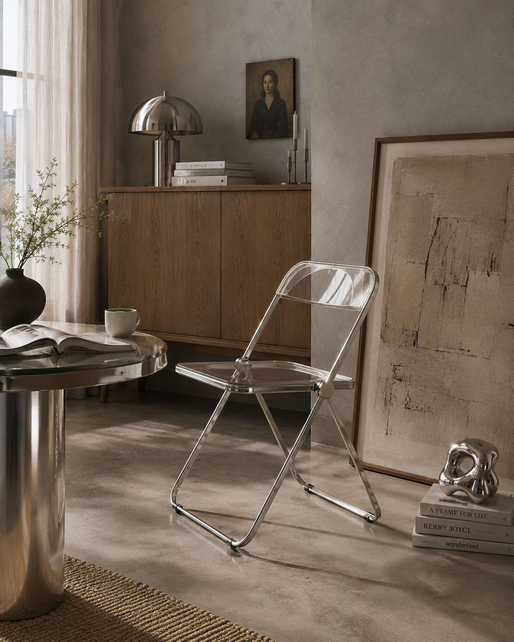 Novage Studios transparent acrylic folding accent chair with polished chrome frame.