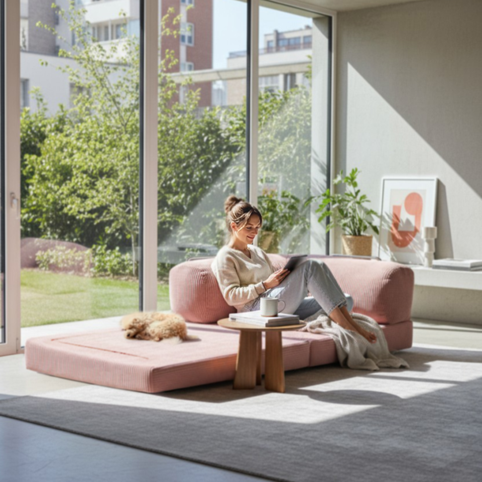 Woman sitting on a pink sofa reading a book in a bright living room with large windows.