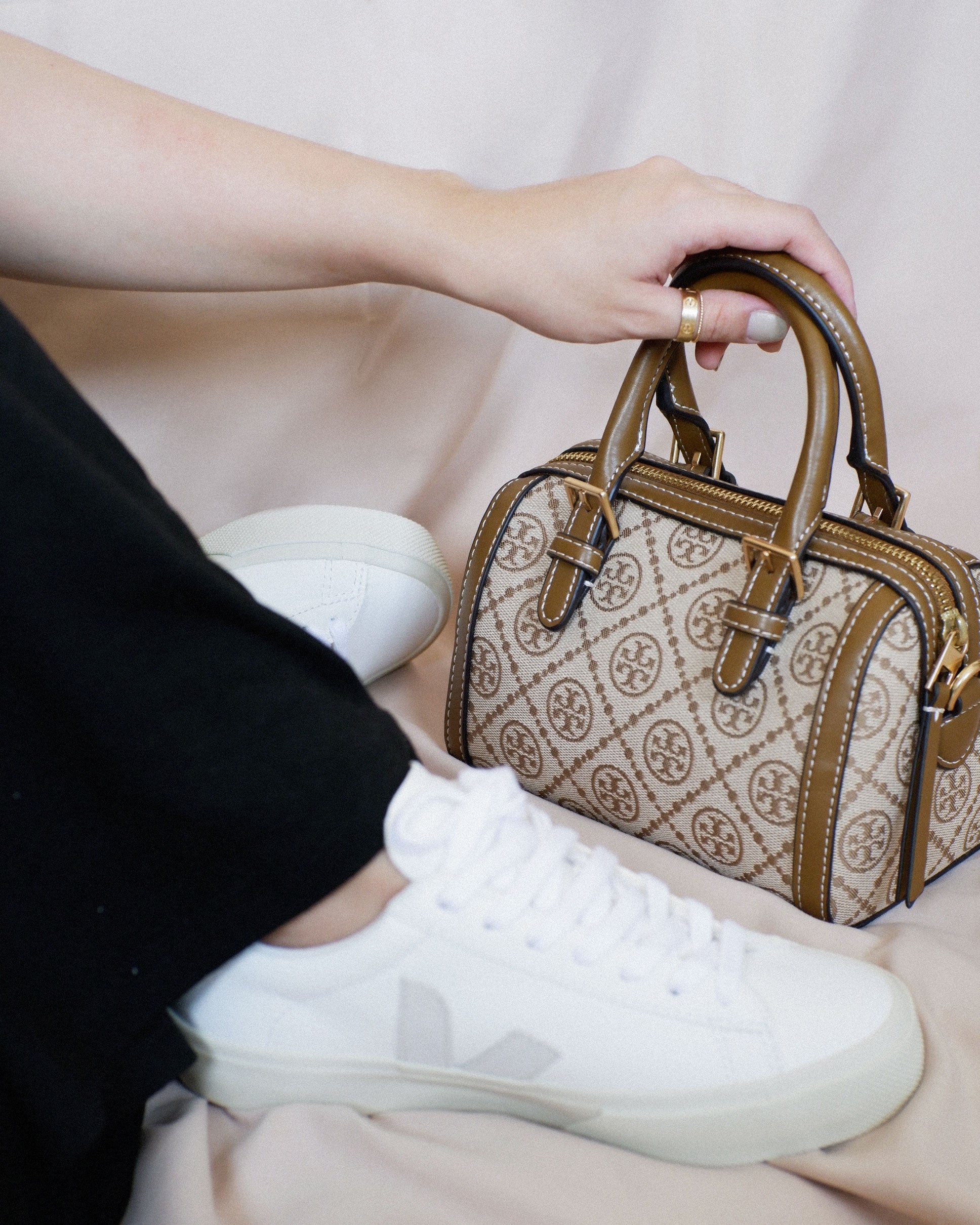 Tory Burch Mini Logo Monogram Duffle Bag in Brown